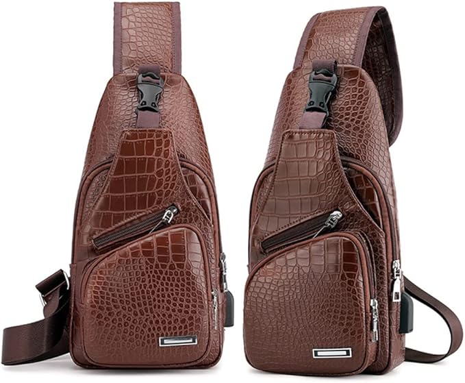 Peicees Leather Sling Bag Mens Crossbody Bag Chest Bag Sling Backpack for Men with USB Charge Port
