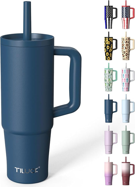 TILUCK 30 oz Tumbler with Handle, Vacuum Insulated Stainless Steel Travel Mug with 100% Leak-Proof Silicone Straw Lid, Cupholder Friendly Water Bottle(DarkBlue, 30oz)