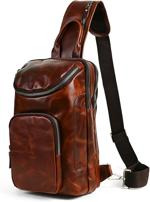 Thick Crazy horse Leather Triangle Crossbody Sling Chest Bag Travel One Shoulder Bag Daypack For Men Male 3028