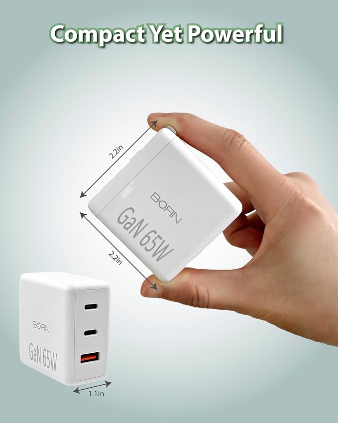 65W Foldable Plug Fast Charging Dual USB-C + USB-A Wall Charger with 6FT USB-C to UCB-C Cable, AC100~240V Input, Wall Charger Compatible with MacBook Pro/Air, Laptops, Tablets, iPhone