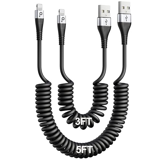 iPhone Charger Cable for Car (3FT/5FT), 2Pack Coiled Lightning Cable, [Apple MFi Certified] Retractable Charging Cord Compatible with iPhone 14/13/12/11 Pro Max/XS MAX/XR/XS/8/iPad/iPod/CarPlay