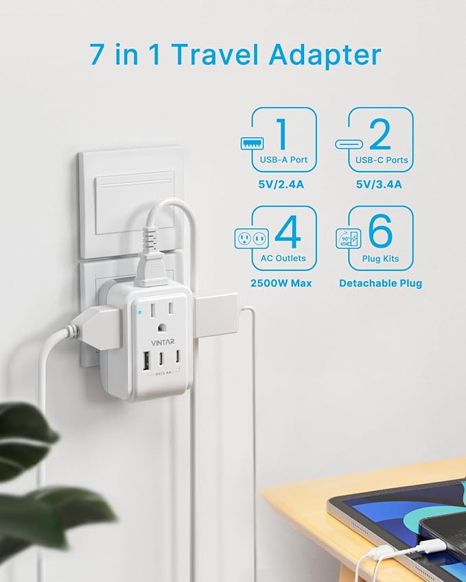 VINTAR Universal Travel Adapter Kit, International Power Adapter with 3 USB Ports (2 USB C) 4 AC Outlets, Type A,C,G,D,I,M Detachable Attachments, Travel Adapter Worldwide for US/EU/UK/India/Africa