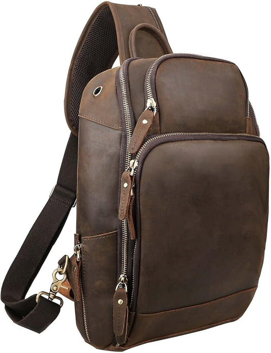 Vintage Full Grain Genuine Leather Sling Bag Crossbody Chest Shoulder Backpack Daypack Travel Hiking for 13.3 Inch Laptop - Brown