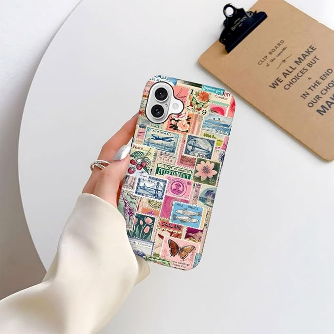 DAIZAG Case Compatible with iPhone 16 Plus,Fit Shockproof Cover for Women Girls,Retro Stamp Collage