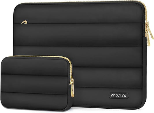 MOSISO 13.3 inch Laptop Case, 13-13.3 inch Puffy Laptop Sleeve Compatible with MacBook Air 13 13.6 M4 M3 M2 M1/Pro 13/Pro 14, HP Dell ASUS Lenovo,Polyester Horizontal Bag with Small Case, Black