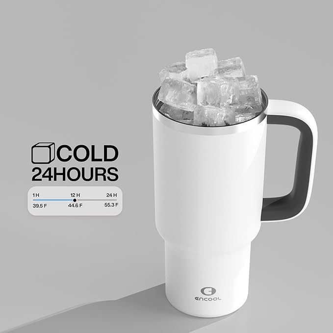 32 oz Tumbler with Handle and Straw: Stainless Steel Insulated Tumbler Keeps Cold for 24 Hours, Leakproof Travel Cup Fits in Cup Holder and BPA-Free, Polar White