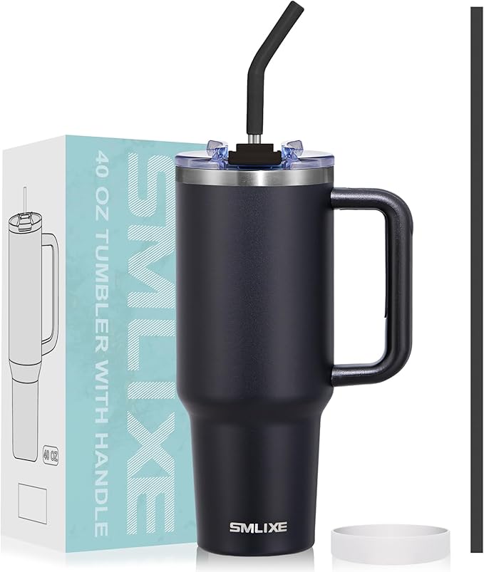40 oz Tumbler with Handle and Straw Lid,Insulated Reusable Stainless Steel Water Bottle Travel Mug，Cupholder Friendly Double Wall Vacuum Sealed Cup (Black)