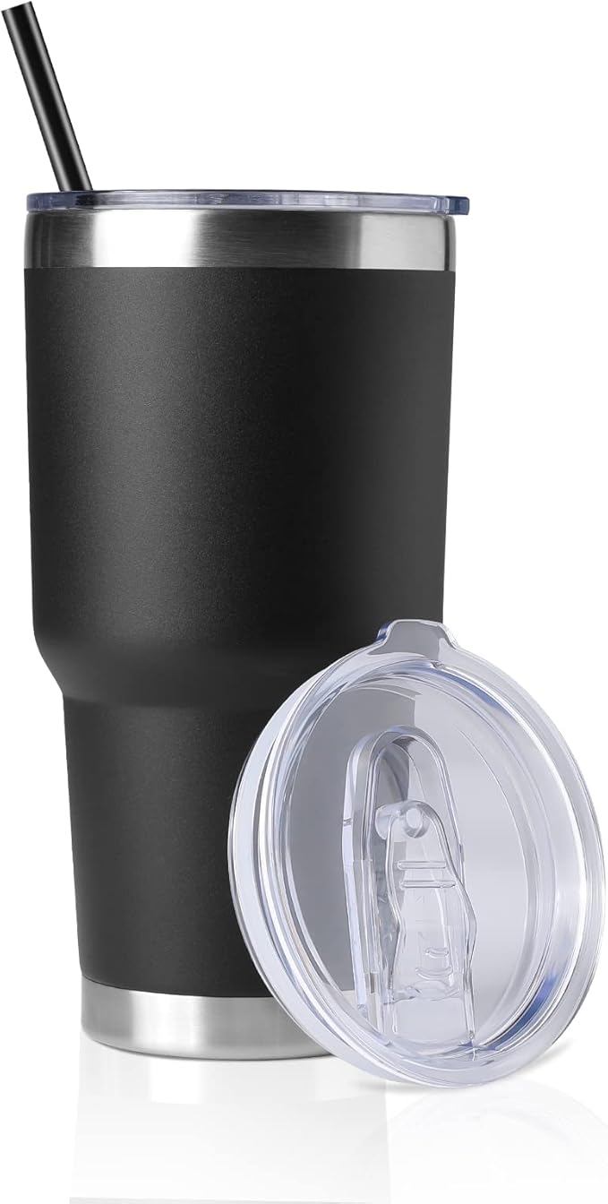 DOMICARE 30 oz Tumbler with Lid and Straw, Stainless Steel Tumblers Bulk, Insulated Vacuum Double Wall Travel Coffee Mug, Durable Powder Coated Tumbler Cup (Black, 1)