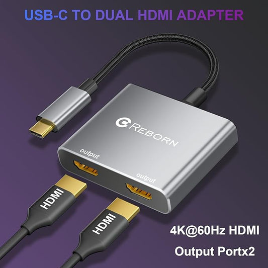 USB C to Dual HDMI Adapter | 4K@60Hz HDMI Splitter Extended Display for Dual Monitors, Type C Converter for Windows/macOS, Windows Allows 3 Separate Screens, macOS Only Allows Mirror Mode