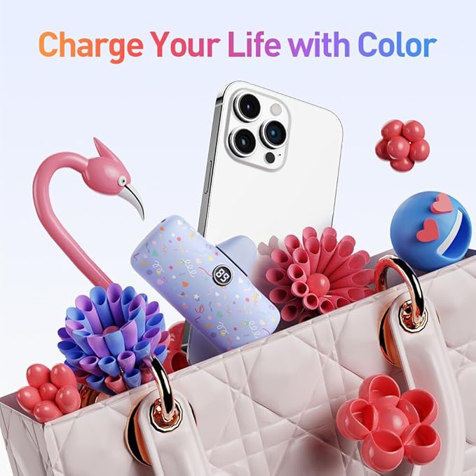 iWALK USB-C Portable Charger with Colorful Pattern, 20W PD Fast Charging 4800mAh Small Power Bank with LED Display, Compatible with iPhone 16/15, 16/15 Plus, 16/15 Pro Max, iPad, Airpods, Purple