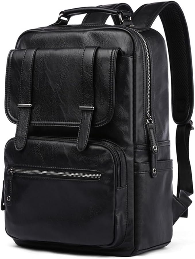 CHAO RAN Vintage Leather Laptop Backpack for Men, Large Waterproof Travel Black Rucksack, Work Knapsack Fit up to 16 inch Laptop, Business Backpack for commute College (Black)