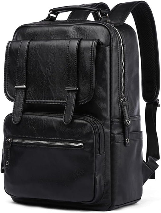 CHAO RAN Vintage Leather Laptop Backpack for Men, Large Waterproof Travel Black Rucksack, Work Knapsack Fit up to 16 inch Laptop, Business Backpack for commute College (Black)