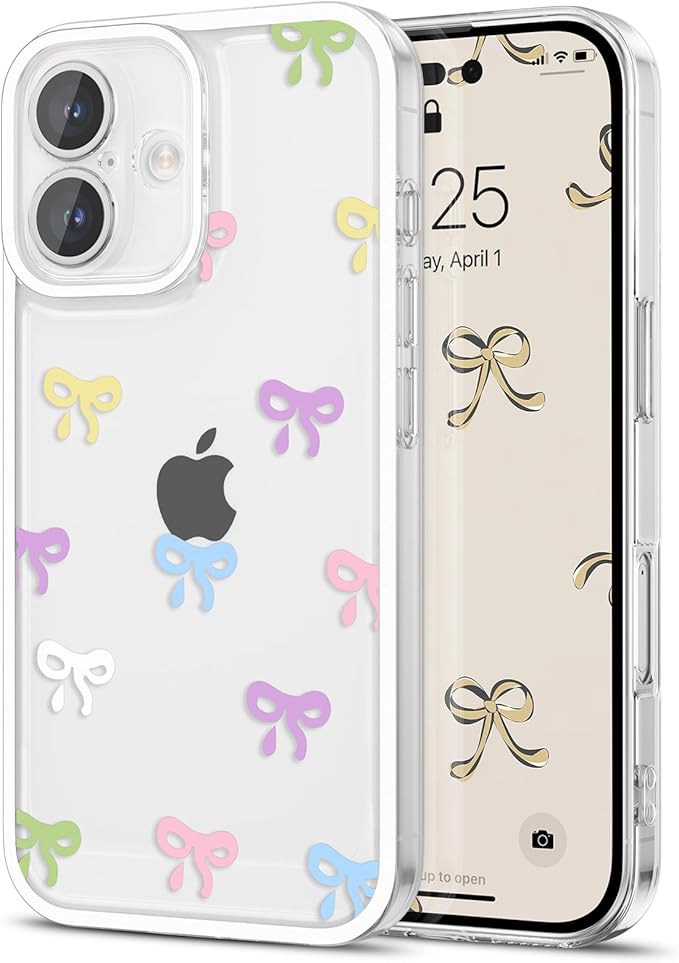 EYZUTAK Case for iPhone 17, Clear Cute Ribbon Bowknot Pattern Aesthetic Transparent Phone Case Raised Camera Protection Stylish Slim Soft Durable TPU Protective Cover for Women Girls - Colorful