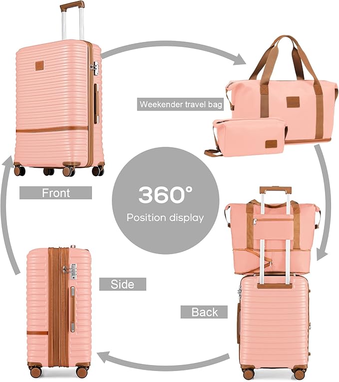 Joyway Carry On Luggage 20 Inch Expandable Suitcase with Spinner Wheel, 4 Piece Hard Shell Luggage Set with TSA Lock(Pink brown)