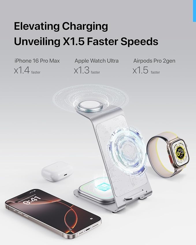 Intoval 3 in 1 Wireless Charging Station for iPhone 16 15 14 13 12 11 X Pro Max, Wireless Charger for Apple Watch Ultra 3 SE 9 8 7 6 5 4 3 2, for AirPods 4 Pro Pro 2 3 (Y93, Silver)