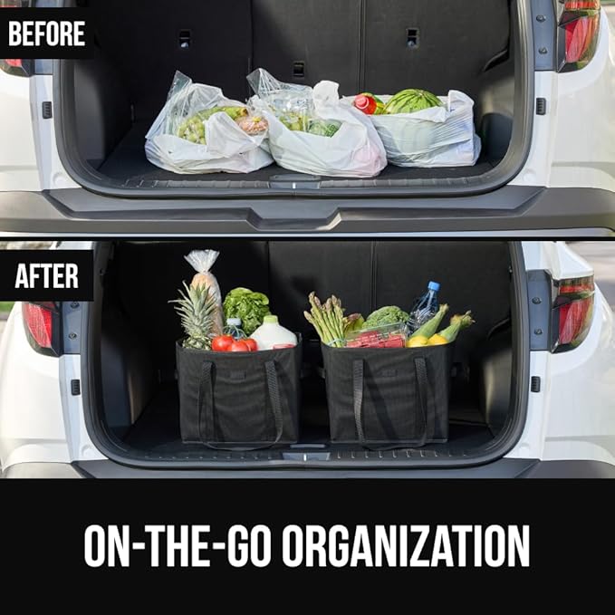 GORILLA GRIP Heavy Duty Foldable Reusable Grocery Bags, Tear Resistant Box Shape Shopping Tote with Reinforced Handles, Grip Feet, Easily Carry and Transport Groceries, 13x10x11, 1 Pack, Black