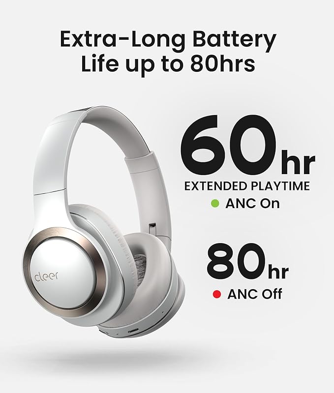 Cleer Audio Enduro ANC Noise Canceling Headphones, Bluetooth Multipoint Connection, Over-The-Ear Design with Mic, Crystal Clear Hands-Free Calling, up to 60 Hours of Battery Life - Light Grey
