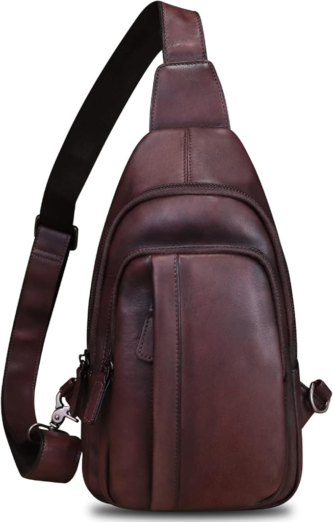 IVTG Genuine Leather Sling Bag Crossbody Casual Hiking Daypack Vintage Handmade Chest Shoulder Backpack Motorcycle Cycling Purses (Coffee)