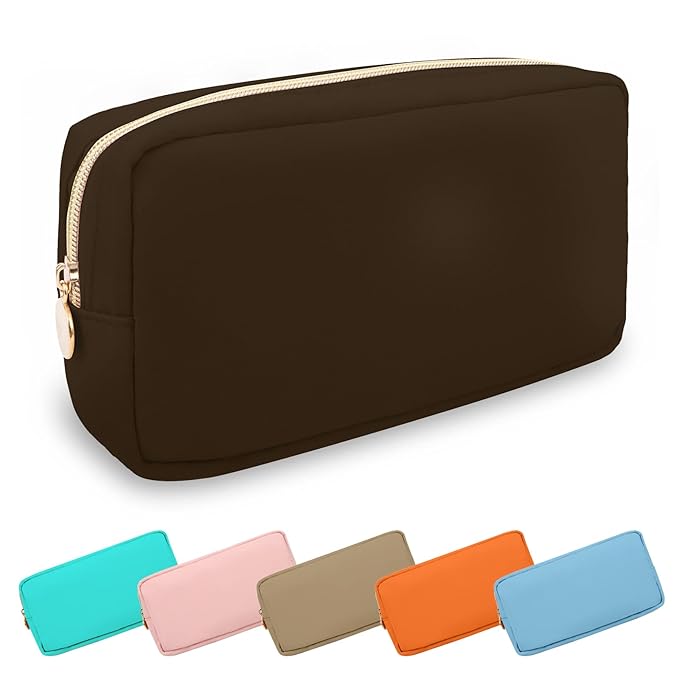 Small Makeup Pouch for Purse, Nylon Travel Toiletry Storage Pouch Cute Preppy Cosmetic Bag for Women Girls, Waterproof Makeup Organizer Skincare Bag Purse with Zipper (Small-Chocolate)