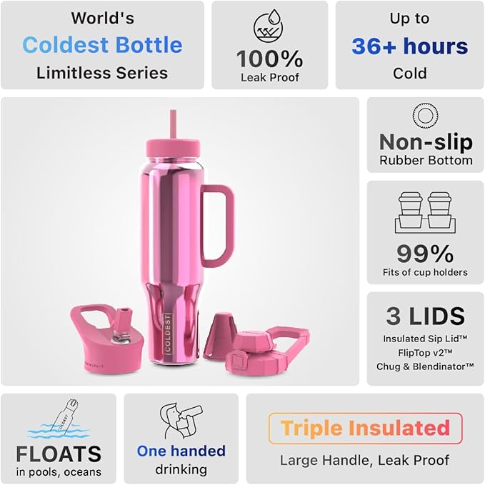 Coldest Tumbler with Handle and Straw Lid | 3 Lids Insulated Reusable Stainless Steel Water Bottle Travel Mug | Gifts for Women Him Her | Limitless Collection (46 oz, Pink Reflections)