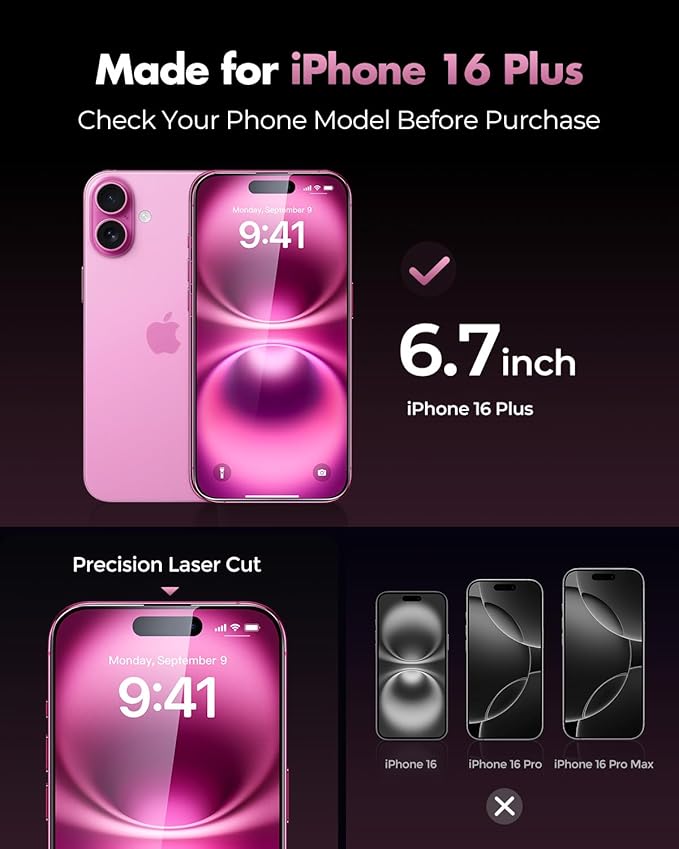 UNBREAKcable 3-Pack Screen Protector for iPhone 16 Plus Tempered Glass - [One-Pull Perfection] [Auto Dust-Elimination] [9H+ Hardness] [99.99% HD Clear] Full Coverage for iPhone 6.7 inch