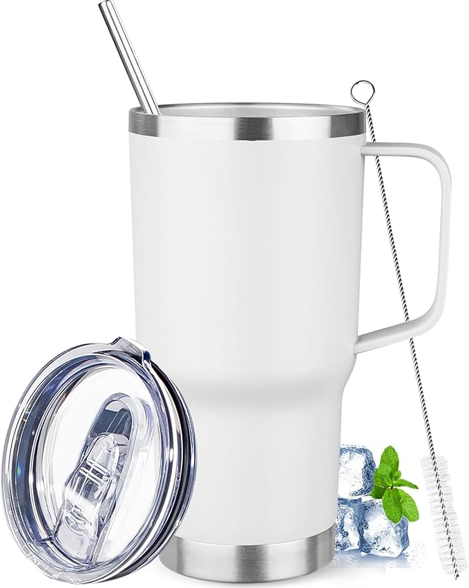 20 oz Tumbler with Handle Stainless Steel Insulated Coffee Mug Tumbler with Lid and Straw Double Wall Vacuum Insulated Coffee Mug Leak Proof Travel Mug Tumbler for Hot and Cold Drink (White,1pack)