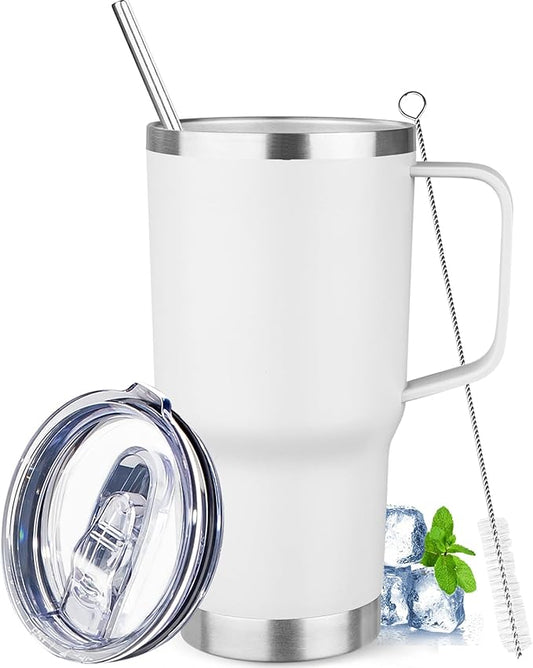 20 oz Tumbler with Handle Stainless Steel Insulated Coffee Mug Tumbler with Lid and Straw Double Wall Vacuum Insulated Coffee Mug Leak Proof Travel Mug Tumbler for Hot and Cold Drink (White,1pack)