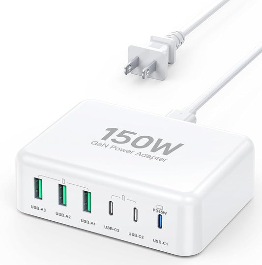 USB C Fast Charger Block, 150W 6 Port Desktop PD GaN Fast Charger Charging Station Block 65W USB C Laptop Power Adapter for MacBook Pro/Air iPad iPhone 16 15 14 13 12 Pro Max Galaxy S23 Note 20 Pixel
