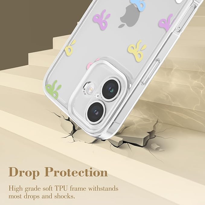 EYZUTAK Case for iPhone 16 Plus, Clear Cute Ribbon Bowknot Pattern Aesthetic Transparent Phone Case Raised Camera Protection Stylish Slim Soft Durable TPU Protective Cover for Women Girls - Colorful