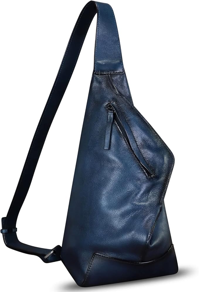 Genuine Leather Sling Bag for Men and Women Vintage Full Grain Leather Sling Purse Chest Daypack Over Shoulder Crossbody Bag (Navy)