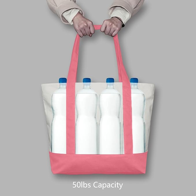 TOPDesign 3-Pack Canvas Tote Bags with an External Pocket, Reusable Grocery Shopping Bags, Top Zipper Closure, Daily Essentials (Rose Pink/Natural)