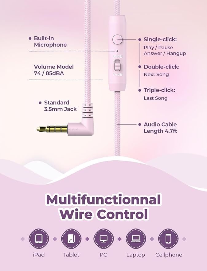 iClever HS19 Kids Headphones with Microphone for School, Safe Volume Limited, Over-Ear Girls Boys Headphones for Kids with Shareport, Foldable Wired for iPad/Travel (Pink)