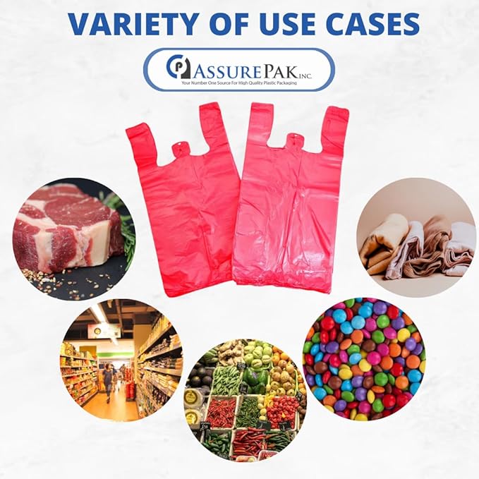 Easy Open - 1000 Bags - Colored Unprinted HDPE T-Shirt Bags - 1/6 BBL 11.5"X6"X21" - 13 microns - Red - Perfect for Groceries, Shopping and Retail Stores LOOP-RED-EO