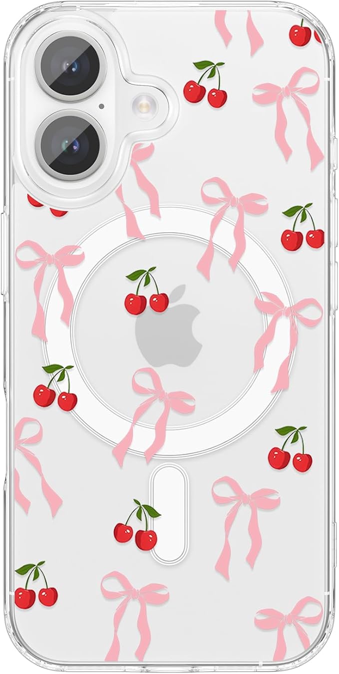 ZTOFERA for iPhone 16 Magnetic Case Clear,Cute Love Heart Ribbon Bow Tie Aesthetic Phone Case,Transparent Trendy Slim Soft Shockproof Protective Phone Cover for Women Girls,Peach Pink