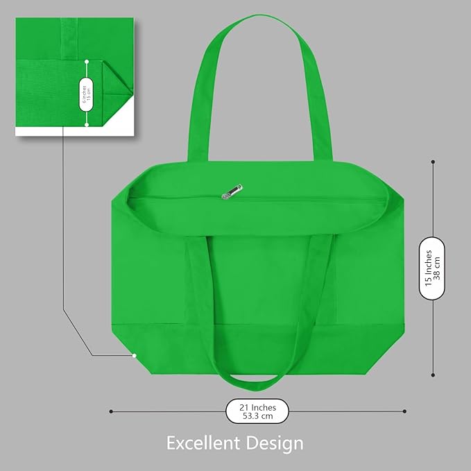 TOPDesign 1-Pack Canvas Tote Bag with an External Pocket, Reusable Grocery Shopping Bag, Top Zipper Closure, Daily Essentials (Lime Green)