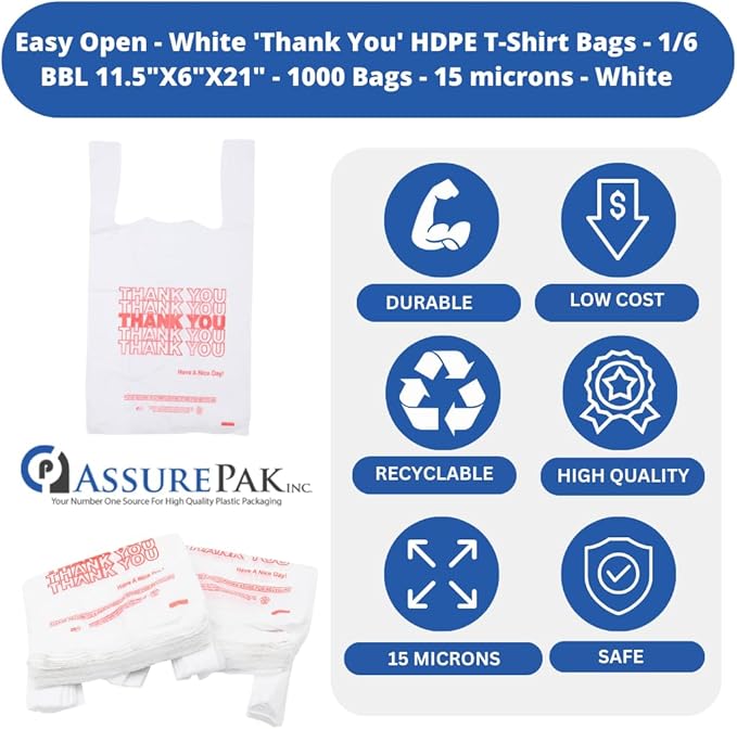 White 'Thank You' HDPE T-Shirt Bags - Grocery Bags with Handles – 1/6 BBL Size 11.5"x6"x21" – 15 Microns – 1000 units – Thank You Shopping Bags for Retail, Takeout, Restaurant Supplies – AssurePak