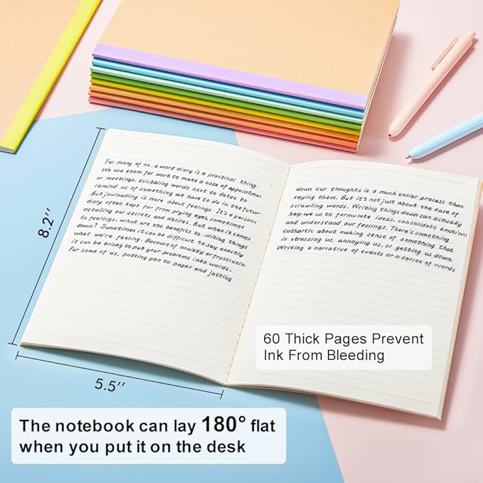 feela 56 Pack Composition Notebooks Bulk, Kraft Cover Lined Blank College Ruled Composition Travel Journals with Rainbow Spines For Women Students Business, 60 Pages, 8.3”x 5.5”, A5, 8 Pastel Colors