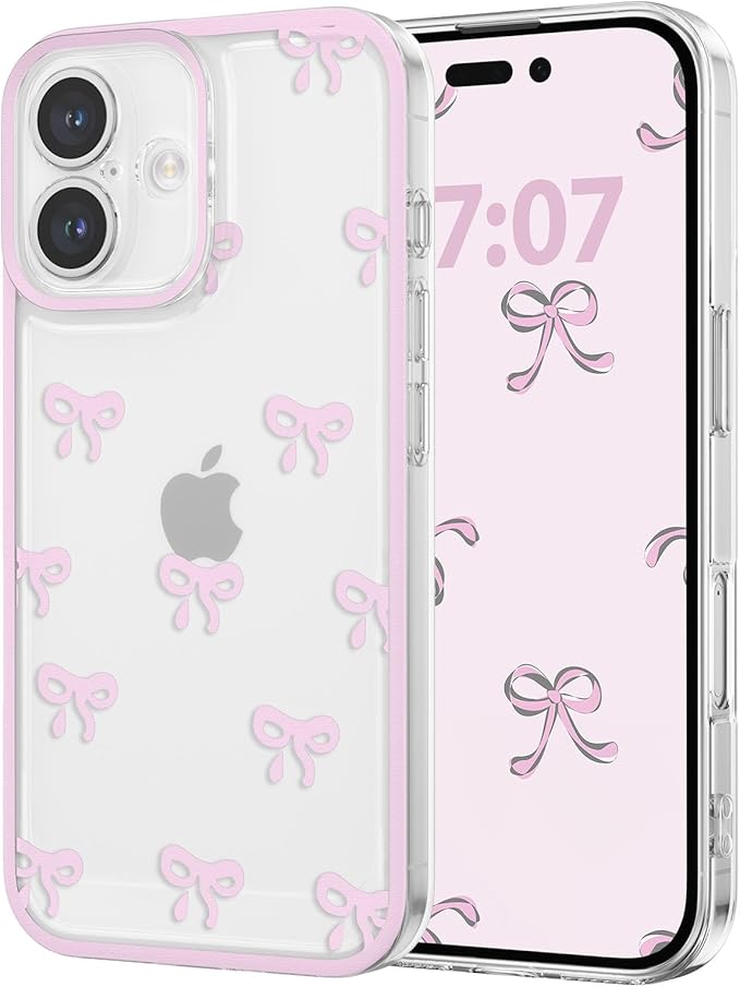 EYZUTAK Case for iPhone 16, Clear Cute Ribbon Bowknot Pattern Aesthetic Transparent Phone Case Raised Camera Protection Stylish Slim Soft Durable TPU Protective Cover for Women Girls - Pink