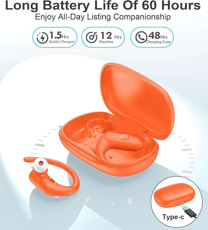 MOZOTER Wireless Earbuds Bluetooth Headphones Sport,Over Ear Buds with Deep Bass Sound,60Hrs Playtime Earphones Redesigned Comfort Fit with Earhooks for Running,Meeting,Workout- Orange