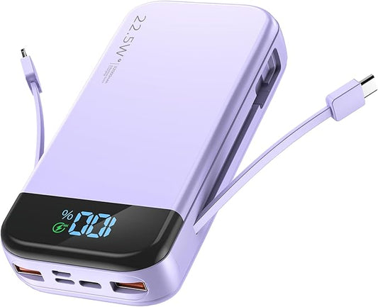 Portable Charger 32000mAh, 22.5W QC 3.0 PD 20W Smart LED Display Fast Charging Built in Cables Power Bank, External Battery Pack Charge 5 Devices Compatible with Cellphones (Purple)