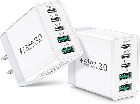 2 Pack USB C Wall Charger, 50W 5-Port PD Fast USB C Charging Block,3USB C+2USB A Multiport Plug,Type C Power Adapter Brick Cube for iPhone 16 15 14 13 12 11 Pro Max XR XS 8 7,Galaxy