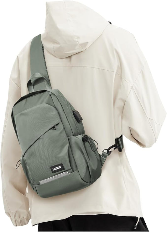 Small Green Sling Bag for Men Women, Mini Anti Theft One Strap Motorcycle Backpack, Sling Chest Bag Fanny Back Pack for Casual Travel Hiking Sport Gym