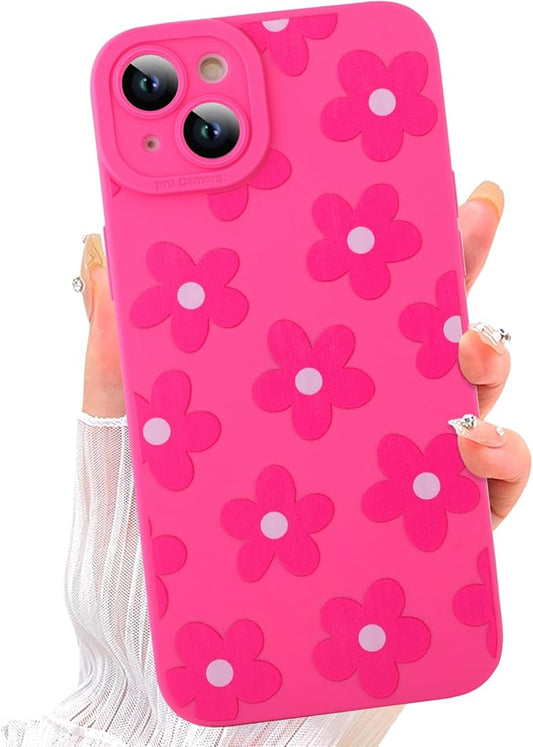 ZIYE for iPhone 15 Case Hot Pink Flower Pattern Phone Case with Camera Protection,Soft TPU Silicone Rubber Protective Cover Floral Design Cases Compatible with iPhone 15 6.1 Inch
