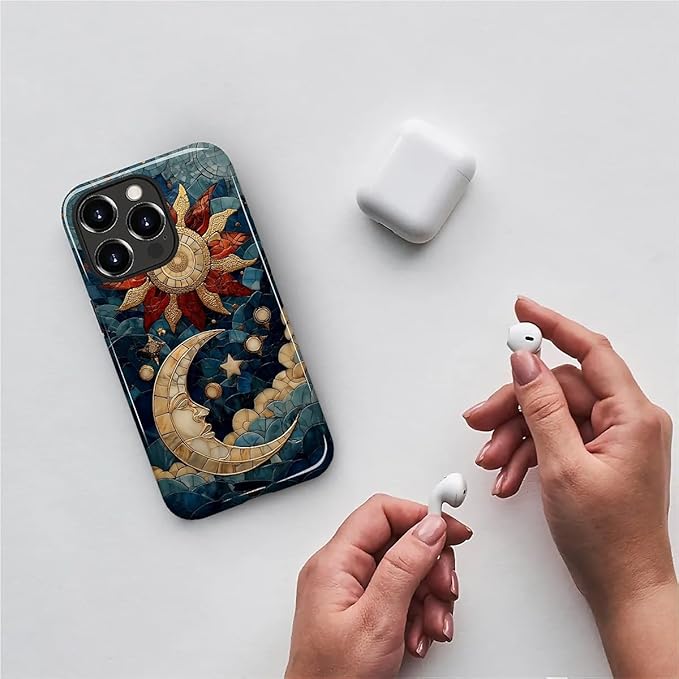 Case for iPhone 15 Pro Max Case,Sun Moon Stars Faux Stained Glass Design Hybrid Dual Protection Silicone + Hard PC Shockproof Full Body Cover,Slim Anti-Scratch Protective for Men Women