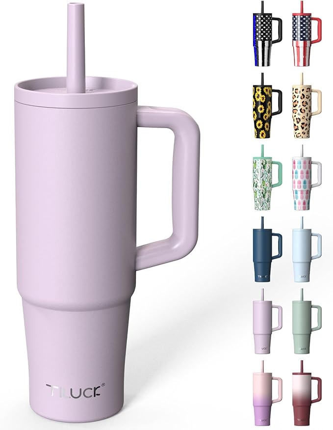 TILUCK 30 oz Tumbler with Handle, Vacuum Insulated Stainless Steel Travel Mug with 100% Leak-Proof Silicone Straw Lid, Cupholder Friendly Water Bottle(LightPurple, 30oz)