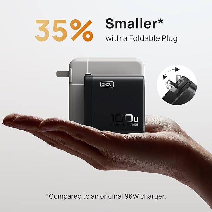 USB C Charger, INIU 3-Port 100W GaN Charger, Compact Foldable PD PPS USB C Wall Charger Block for MacBook Pro/Air, iPad Pro, Galaxy S23, Dell XPS 13, Note 20/10+, iPhone 16/15, Steam Deck, White