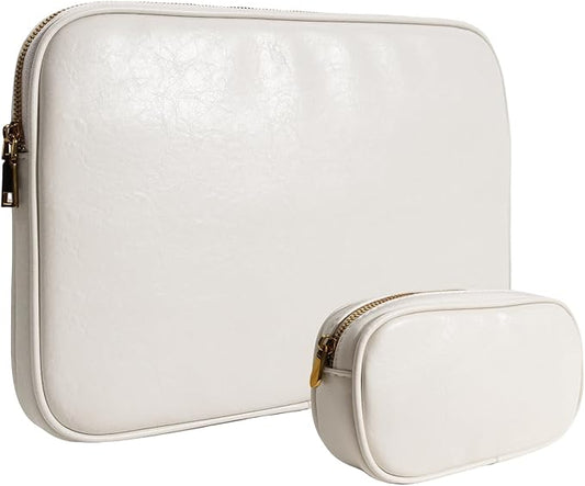 PU Leather Padded Laptop Sleeve Bag 14Inch Compatible with New MacBook Pro 14，Surface Laptop 13.5, Surface Pro 10 with Charger Pouch Color White