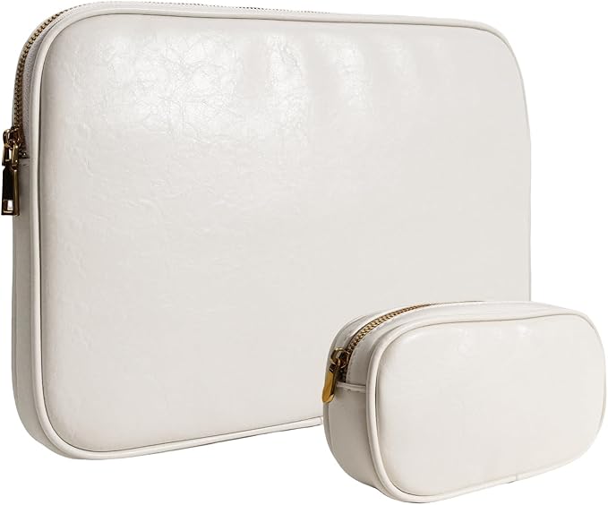 PU Leather Padded Laptop Sleeve Bag 13Inch Compatible with 2024 MacBook Air 13.6 A3113 M3 A2681,New MacBook Pro 13 M2 A2686 with Charger Pouch Color White