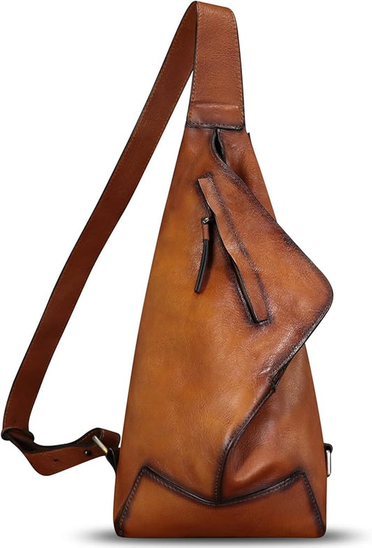 Genuine Leather Sling Bag for Men and Women Vintage Full Grain Leather Sling Purse Chest Daypack Over Shoulder Crossbody Bag (Brown)