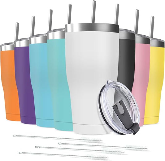 8 Pack 20oz Stainless Steel Tumblers Bulk Reusable Travel Mugs with Lid, Double Wall Powder Coated Coffe Cup for Home, Office, Outdoor Suitable for Vehicle Cup Holders